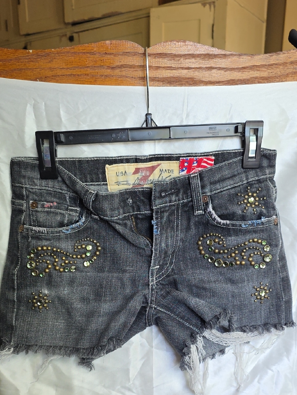 7 For All Mankind- Black Distressed Studded Denim Cutoff Shorts
